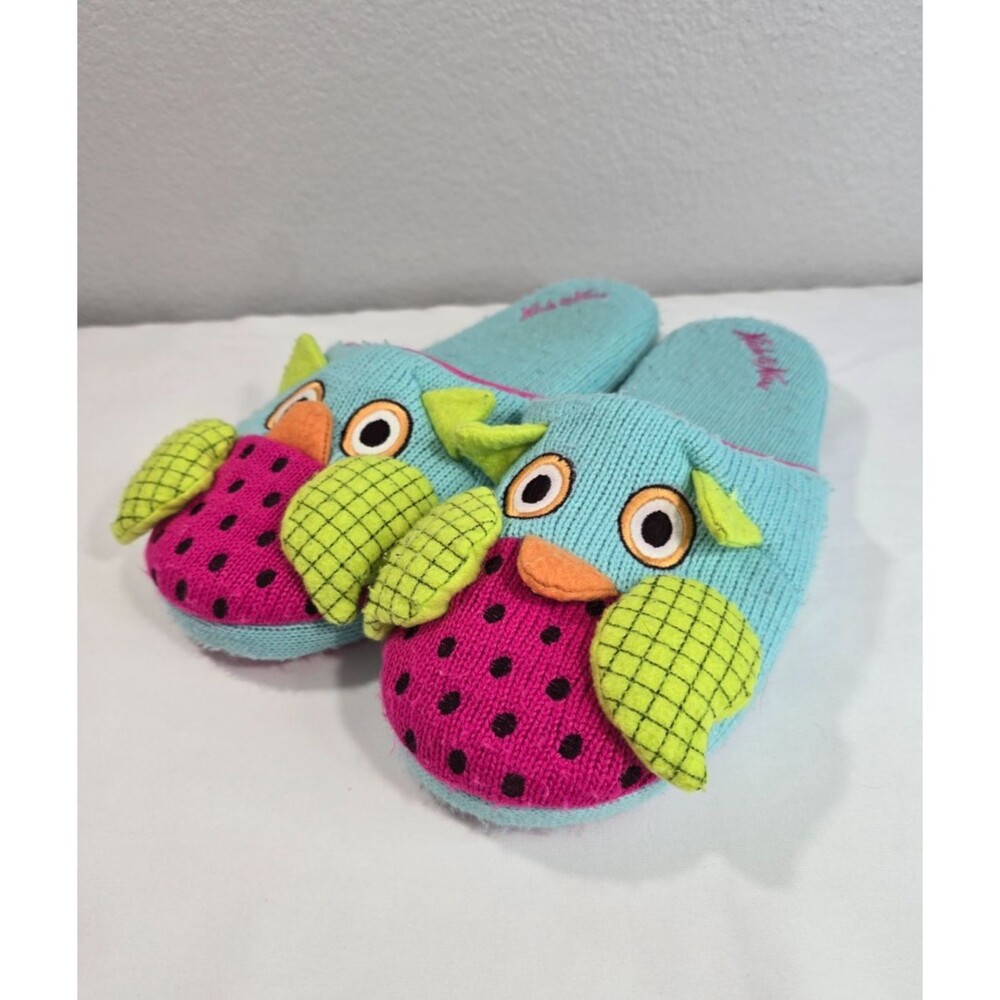 Nick & Nora Knit Slippers Owl Pink Green Slip On Rubber Sole Sz L 8-9 Y2k